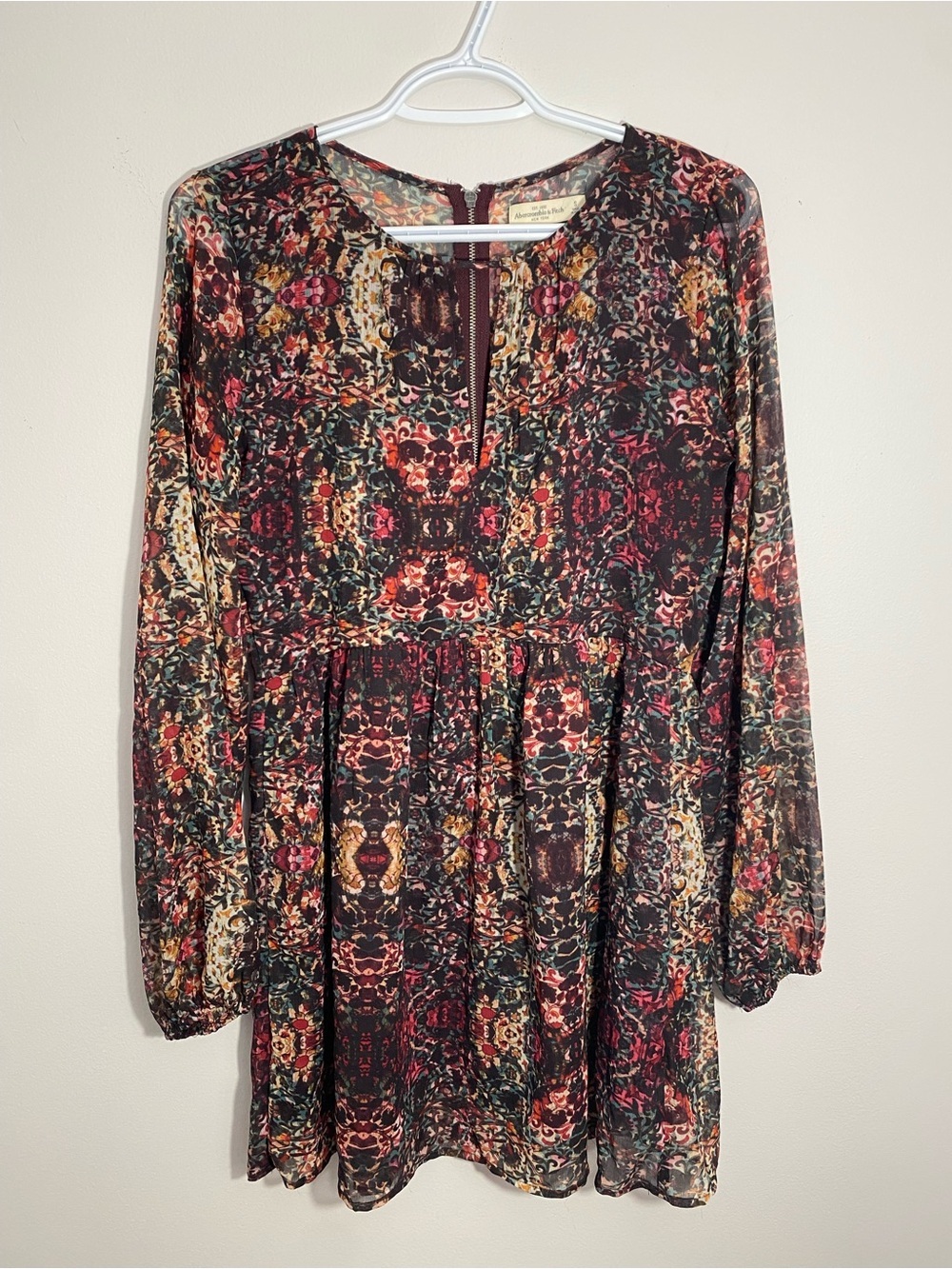 Abercrombie & Fitch Y2K Long Sleeve Floral Tunic Dress in Burgundy Small